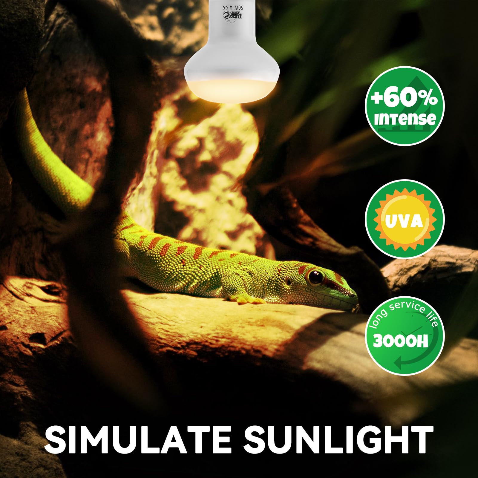 LUCKY HERP Intense Heat Lamp Bulbs for Reptiles 50W 2 Pack, UVA Daylight Reptile Heat Lamp, Reptile Basking Heat Light Bulb for